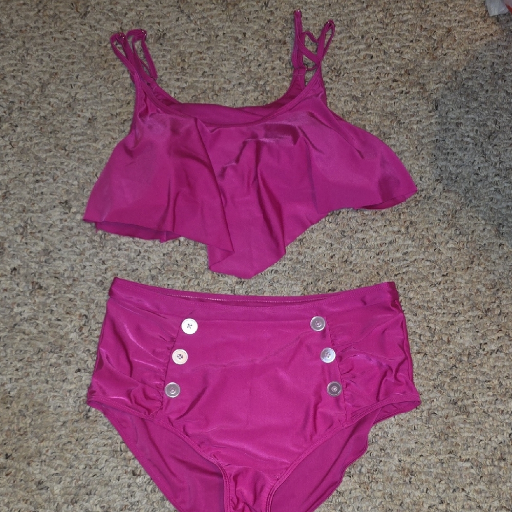 Fuchsia High-Waist Ruffled Bikini Set